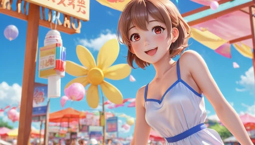 onodera,summer background,akiba,idolmaster,miku maekawa,maekawa,iku,nanako,meiko,tsukiko,chieri,mikuru asahina,mirai,megumi,amusement park,akihabara,kazimiya,riina,nagisa,summer umbrella,Illustration,Japanese style,Japanese Style 01