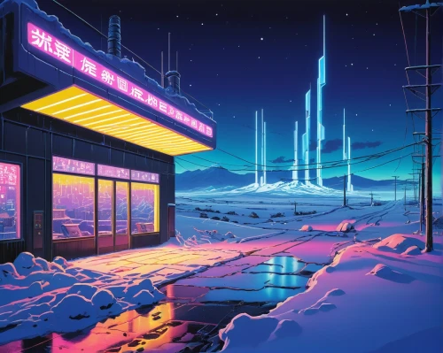 futuristic landscape,space port,spaceport,spaceland,retro diner,extrasolar,ice planet,cybertown,offworld,electric gas station,cybercity,cyberworld,synth,digitalism,mainframes,moonbase,futurepop,fantasy city,gas station,cyberscene,Illustration,Japanese style,Japanese Style 05