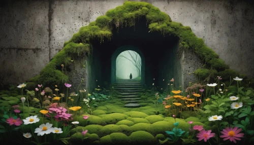 fairy door,tunnel of plants,fairy house,aaaa,green garden,fairy village,cartoon video game background,garden door,the threshold of the house,portal,plant tunnel,to the garden,verdant,green wallpaper,spring background,terrarium,fantasy picture,fairy forest,fairy world,witch's house,Illustration,Abstract Fantasy,Abstract Fantasy 19
