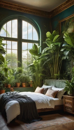 tropical greens,tropical house,ornate room,houseplants,exotic plants,tropical jungle,bedchamber,house plants,bedrooms,daybed,conservatory,daybeds,gournay,victorian room,great room,earthship,philodendrons,herbology,verdant,tropics,Conceptual Art,Fantasy,Fantasy 05