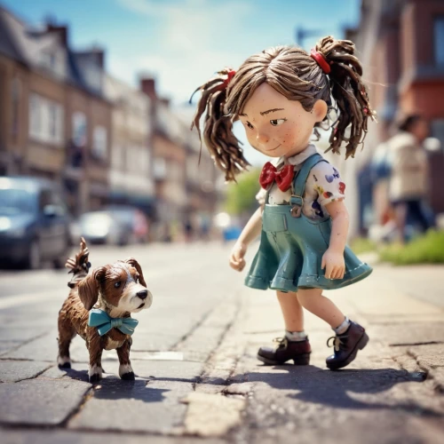 girl with dog,little boy and girl,little girl in wind,girl and boy outdoor,little girls walking,miniaturist,little girl running,boy and dog,barkdoll,vintage boy and girl,girl walking away,dog street,dollfus,townsfolk,tilt shift,miniature figures,girl with bread-and-butter,gretel,bremen town musicians,clay doll,Unique,3D,Panoramic