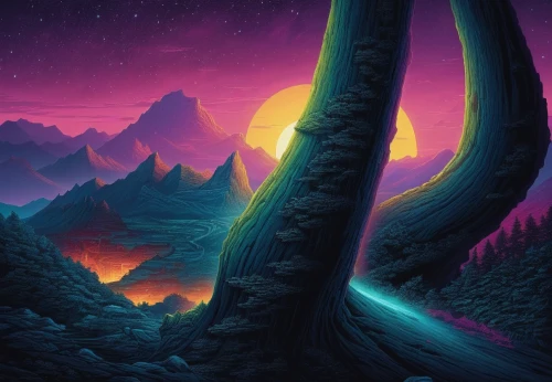 fantasy landscape,futuristic landscape,alien world,mushroom landscape,rift,valley of the moon,art background,alien planet,landscape background,paisaje,aurora colors,beautiful wallpaper,cartoon video game background,mountains,dusk background,mountain landscape,desert landscape,world digital painting,mountain world,mountain sunrise,Illustration,Realistic Fantasy,Realistic Fantasy 25