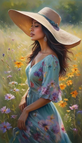girl in flowers,heatherley,donsky,splendor of flowers,sun hat,vietnamese woman,high sun hat,yellow sun hat,springtime background,oil painting,flower painting,girl picking flowers,beautiful girl with flowers,romantic portrait,the hat of the woman,gantner,girl in the garden,dmitriev,oil painting on canvas,meadow in pastel,Conceptual Art,Daily,Daily 32