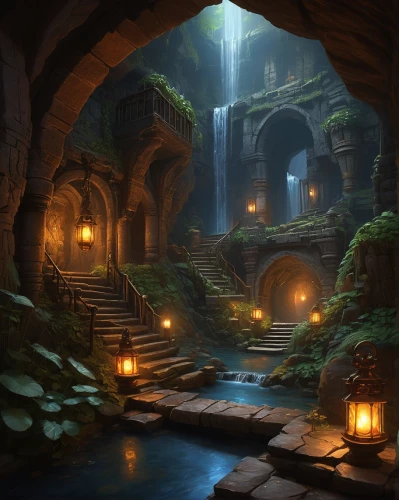 labyrinthian,ancient city,dungeon,fantasy landscape,dungeons,wishing well,crypts,hall of the fallen,alfheim,ruins,sanctum,environments,undercity,lair,caves,game illustration,cistern,cavern,riftwar,subterranean,Illustration,Realistic Fantasy,Realistic Fantasy 27