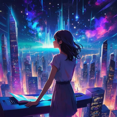 girl at the computer,sci fiction illustration,synth,cyberpunk,cybercity,cyberia,cyberworld,alita,cityscape,cybertown,cyberspace,futuristic landscape,astronomer,mainframes,beautiful wallpaper,ultraviolet,cosmos,world digital painting,space art,cyberscene,Conceptual Art,Fantasy,Fantasy 02