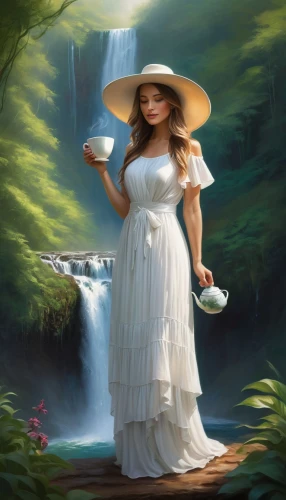 fantasy picture,vietnamese woman,woman at the well,landscape background,world digital painting,girl in a long dress,amazonica,girl on the river,girl with cereal bowl,maidservant,fantasy art,fantasy portrait,nature background,water nymph,mystical portrait of a girl,milkmaid,idyllic,tea garden,kupala,creative background,Conceptual Art,Daily,Daily 32