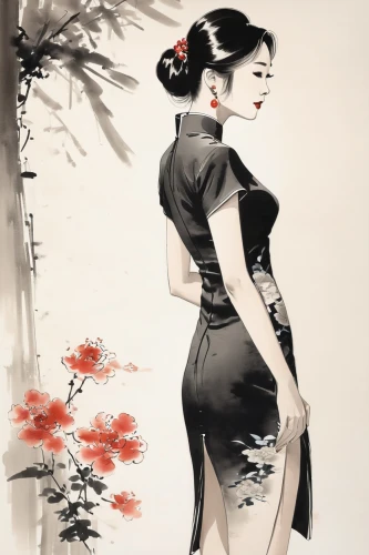 cheongsam,geisha girl,geisha,qipao,japanese art,japanese woman,oriental girl,oriental painting,oriental princess,hanfu,plum blossom,geishas,oiran,plum blossoms,kazumi,hakama,sichuanese,geiko,oriental,wenhao,Illustration,Paper based,Paper Based 30