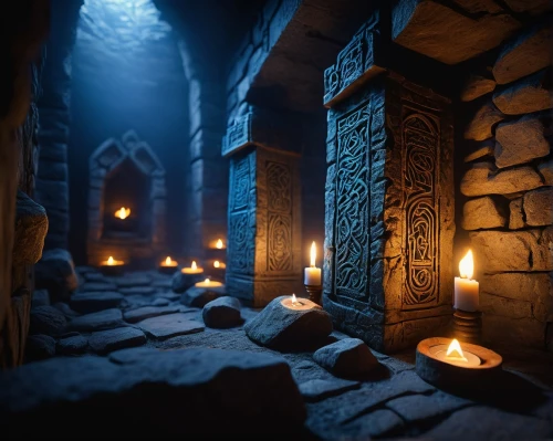 3d render,labyrinthian,dungeon,luminarias,candlelights,dungeons,hall of the fallen,stone background,collected game assets,fireplaces,illumination,catacombs,ambient lights,fireplace,alcove,3d rendered,3d model,3d background,sepulchres,stone lamp,Illustration,Children,Children 01