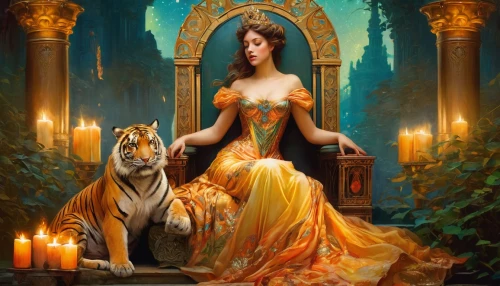 fantasy picture,fantasy art,fantasy portrait,baoshun,tigra,she feeds the lion,belle,golden crown,lionesses,frigga,priestess,leos,cleopatra,oshun,zira,cinderella,bengal,principessa,priestesses,hildebrandt,Conceptual Art,Fantasy,Fantasy 05