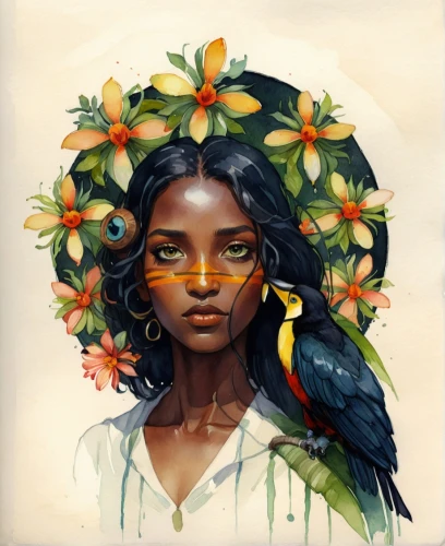 oshun,diwata,flower and bird illustration,girl in a wreath,persephone,azilah,girl in flowers,flora,baoshun,flower crown,flowerhead,polynesian girl,boho art style,boho art,lehua,wreath of flowers,floral wreath,bird of paradise,blooming wreath,ophelia,Conceptual Art,Oil color,Oil Color 08