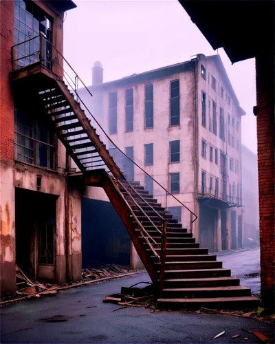 abandoned factory,empty factory,steel stairs,derelict,dereliction,fire escape,loading dock,redhook,lostplace,industrial ruin,ghost town,old factory,lofts,warehouses,dilapidation,backlot,stairways,brickyards,lost place,industrial landscape,Conceptual Art,Oil color,Oil Color 12