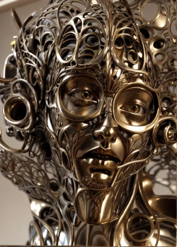 steel sculpture,scrap sculpture,mandelbulb,png sculpture,platner,venetian mask,ornamental dividers,decorative art,filigree,grillwork,wall light,ceiling light,kinetic art,golden mask,bronze sculpture,wire sculpture,ceiling lamp,gold mask,sconce,gold filigree