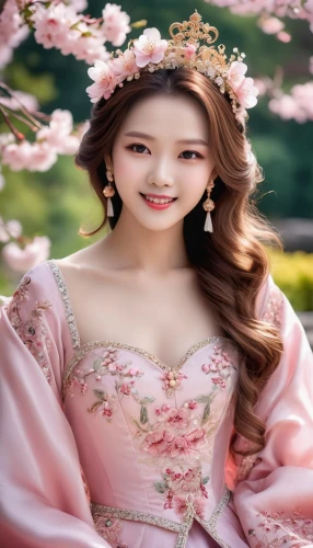 hanbok,noblewoman,diaochan,hanfu,oriental princess,beautiful girl with flowers,flower background,fairy tale character,jingqian,spring background,peach blossom,japanese sakura background,jinling,aerith,hanqiong,a charming woman,jianyin,duchesse,chuseok,portrait background,Photography,General,Realistic