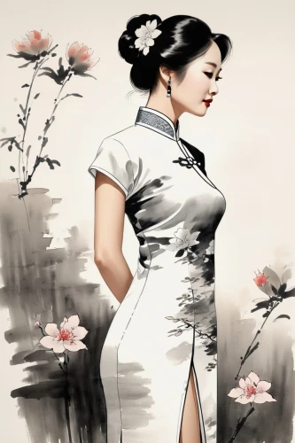 cheongsam,geisha girl,vietnamese woman,ao dai,qipao,chun,geisha,oriental princess,oriental girl,japanese woman,sichuanese,vintage asian,white blossom,xiaofei,asian woman,huong,hanfu,jialing,oriental painting,xiaoqing,Illustration,Paper based,Paper Based 30