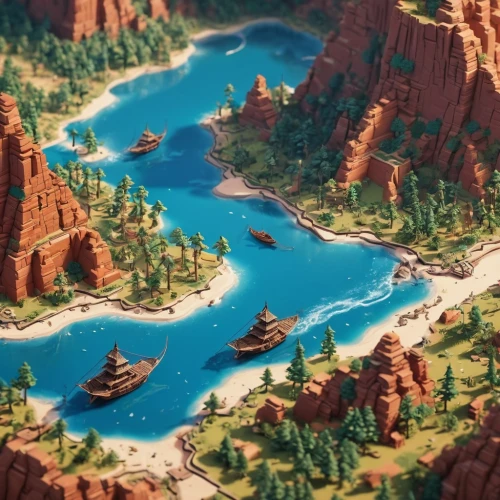 miniland,lego background,zion,navajo bay,frontierland,floating islands,an island far away landscape,boat landscape,lego city,artificial islands,tilt shift,3d fantasy,canyon,popeye village,cartoon video game background,boat rapids,lowpoly,microworlds,ponderosa,voxel,Unique,3D,Isometric