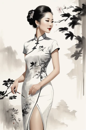 cheongsam,qipao,geisha girl,oriental painting,sichuanese,xiaofei,qixi,zuoying,japanese woman,ao dai,oriental girl,wuxia,geisha,vietnamese woman,oriental princess,chun,japanese art,white blossom,xuebing,yimou,Illustration,Paper based,Paper Based 30