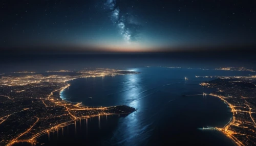 the mediterranean sea,nightscape,nightflight,skylighted,mediterranean sea,light trail,earth in focus,caspian sea,night image,nightview,aerial landscape,sea night,eastern black sea,bioluminescent,planet earth view,northernlight,astronomy,space art,light of night,the night sky,Photography,General,Realistic