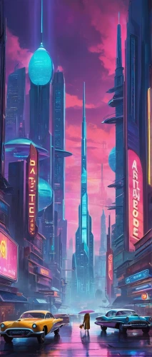 futuristic landscape,cybercity,cybertown,cyberpunk,cyberworld,cityscape,futuristic,fantasy city,cyberia,metropolis,coruscant,polara,cyberport,futurist,colorful city,cyberscene,microdistrict,dystopian,futuregen,futurepop,Illustration,Retro,Retro 12