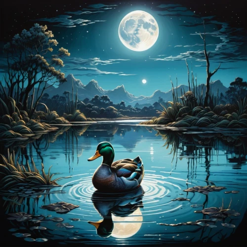 duck on the water,blackduck,quackwatch,water fowl,waterfowl,rockerduck,the duck,wilderotter,jodocus,cayuga duck,wild ducks,patos,ornamental duck,potamkin,donald duck,brahminy duck,waterfowls,swan lake,moonlit night,monowai,Illustration,Realistic Fantasy,Realistic Fantasy 25