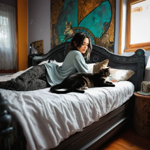 woman on bed,girl studying,girl in bed,cat in bed,girl with dog,inuit,photo painting,asian woman,bedroom,woman drinking coffee,japanese-style room,vettriano,photorealist,hikikomori,world digital painting,japanese woman,utada,little girl reading,jinglei,woman holding a smartphone,Illustration,Realistic Fantasy,Realistic Fantasy 23