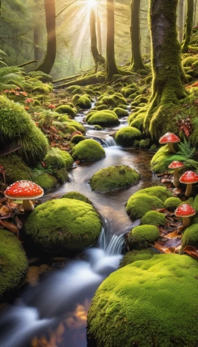 moss landscape,mushroom landscape,fairy forest,nature wallpaper,fairytale forest,forest floor,forest moss,frog background,mountain stream,nature background,elven forest,germany forest,fantasy landscape,flowing creek,streambeds,moss,brook landscape,elfland,forest of dreams,forest landscape,Photography,General,Realistic