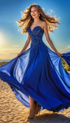 celtic woman,girl on the dune,girl in a long dress,blue dress,blue enchantress,flamenca,beach background,riverdance,evening dress,image manipulation,ball gown,a girl in a dress,fusion photography,a floor-length dress,eurythmy,ballgown,margairaz,flamenco,refashioned,quinceanera,Photography,General,Realistic