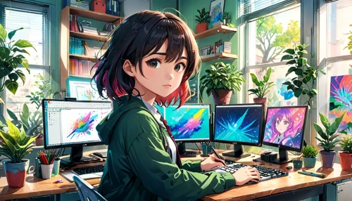 girl at the computer,blur office background,computer graphics,hikikomori,girl studying,cybercafes,desk,mios,working space,computer,computer graphic,computer art,computer screen,study room,programadora,computer monitor,desktop,computable,torekba,diligent,Anime,Anime,Realistic