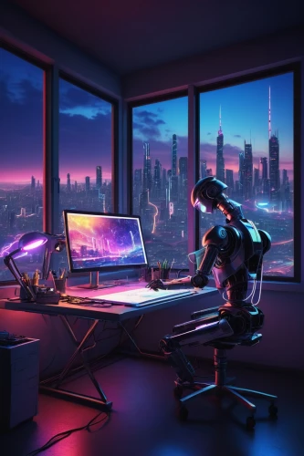 cyberpunk,cyberscene,blur office background,computer room,modern office,man with a computer,computer workstation,working space,cybertown,desk,neon human resources,computable,night administrator,cyberworld,cybercity,cyberpatrol,workstations,computation,computer graphic,computer,Art,Classical Oil Painting,Classical Oil Painting 30