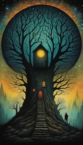 tree house,treehouse,magic tree,tree of life,witch's house,carcosa,celtic tree,mushroom landscape,tree mushroom,portal,ents,fantasy picture,treehouses,nidularium,strange tree,treepeople,fairy door,creepy tree,odditorium,a tree,Illustration,Abstract Fantasy,Abstract Fantasy 19