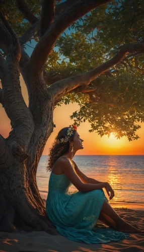 girl with tree,moana,fantasy picture,polynesian girl,the girl next to the tree,idyll,girl on the dune,chipko,romantic portrait,romantic scene,tahitian,quietude,relaxed young girl,amphitrite,enchantment,maryan,summer evening,idyllic,sunset glow,full hd wallpaper,Photography,General,Fantasy