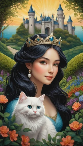 fantasy picture,fairy tale character,children's fairy tale,fairy tale icons,fairy tale,fantasy portrait,a fairy tale,fantasy art,white cat,fairytale characters,miao,children's background,snowbell,fairy tales,korin,portrait background,storybook,romantic portrait,storybook character,princess sofia,Illustration,Abstract Fantasy,Abstract Fantasy 19