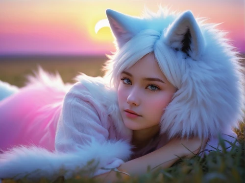 white fox,kitsune,furgal,atka,white wolves,white cat,samoyed,samoyedic,cute fox,lumi,arctic fox,fennec,white fur hat,fantasy portrait,fantasy picture,amaterasu,yukai,shoob,inuyasha,samoyeds,Illustration,Abstract Fantasy,Abstract Fantasy 20