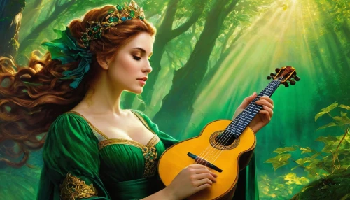 classical guitar,tuatha,serenade,mandolin,celtic woman,mandolins,greensleeves,violin woman,guitare,sarasate,woman playing violin,guitarra,chansonnier,serenata,celtic harp,troubador,troubadour,woman playing,strumming,theorbo,Conceptual Art,Fantasy,Fantasy 05