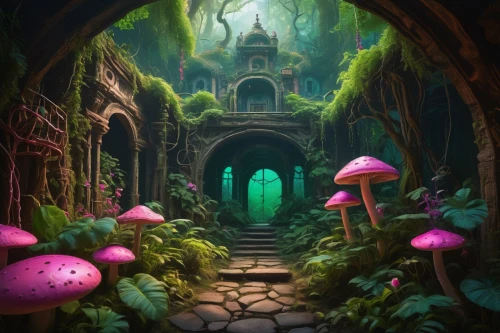 mushroom landscape,fairy village,fairy forest,fairy world,mushroom island,fairyland,fantasy landscape,fantasy picture,fairy house,elven forest,enchanted forest,3d fantasy,dandelion hall,fairy door,mushrooms,alfheim,fantasy art,fairytale forest,mycena,fantasy world,Art,Classical Oil Painting,Classical Oil Painting 27