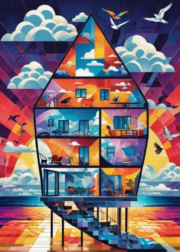 houses clipart,kaleidoscape,sky apartment,colorful city,escher village,glass pyramid,escala,escher,tel aviv,crane houses,floating huts,apartments,beachhouse,ushuaia,depero,apartment block,hanging houses,apartment building,pyramids,beach huts,Illustration,Vector,Vector 17