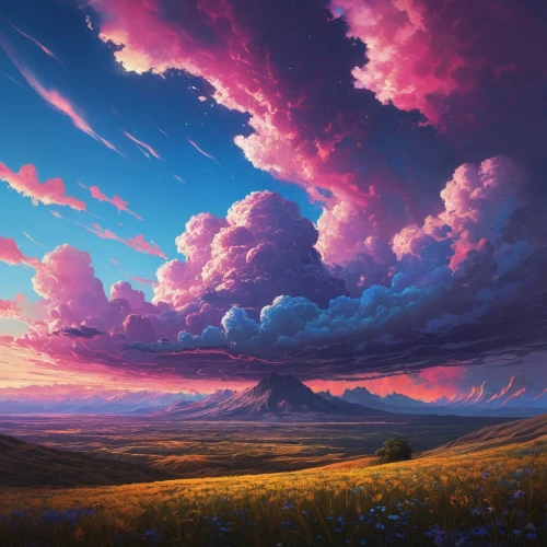 purple landscape,sky,fantasy landscape,landscape background,windows wallpaper,epic sky,sky clouds,rainbow clouds,high landscape,cloudscape,nature landscape,blooming field,skies,cloudmont,futuristic landscape,beautiful landscape,dreamscape,sky rose,panoramic landscape,meadow landscape,Conceptual Art,Fantasy,Fantasy 16