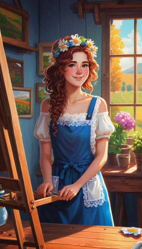 innkeeper,belle,housemaid,dirndl,merida,maidservant,oktoberfest background,girl in the kitchen,schoolmistress,milkmaid,ravensburger,fairy tale character,homesteader,storybook character,proprietress,housekeeper,meticulous painting,nelisse,painting technique,dorthy,Art,Artistic Painting,Artistic Painting 29