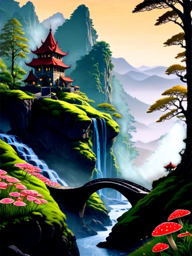 cartoon video game background,landscape background,mushroom landscape,mountain scene,mountain landscape,fantasy landscape,mountainous landscape,japan landscape,shaoming,an island far away landscape,bird kingdom,world digital painting,japanese background,background design,oriental,teahouse,high landscape,cartoon forest,nature background,art background,Illustration,Japanese style,Japanese Style 15