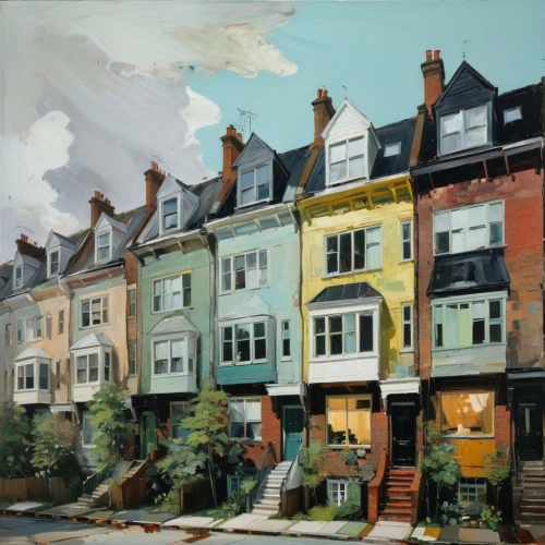rowhouses,row houses,dunovant,notting hill,rowhouse,row of houses,fulham,tenements,townhouses,islington,petworth,wetherill,brightwood,kensington,stockwell,cambridgeport,belsize,ditmas,brownstones,townhouse,Conceptual Art,Oil color,Oil Color 01