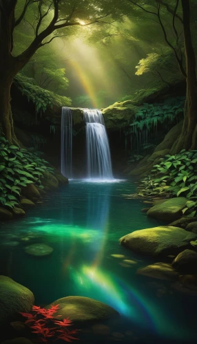 green waterfall,fantasy picture,fantasy landscape,waterfall,nature background,world digital painting,a small waterfall,fairy world,alfheim,landscape background,water fall,nature wallpaper,cartoon video game background,fairy forest,water falls,cascada,flowing water,waterfalls,digital art,wishing well,Illustration,Abstract Fantasy,Abstract Fantasy 19