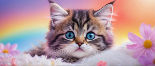 blossom kitten,flower cat,cat on a blue background,blue eyes cat,cat with blue eyes,colorful background,cute cat,tabby kitten,kittenish,springtime background,spring background,flower background,cat kawaii,tabby cat,rainbow background,cat image,flower animal,background colorful,kittie,kittu,Illustration,Realistic Fantasy,Realistic Fantasy 24