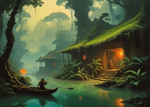 world digital painting,house in the forest,backwater,backwaters,seclude,home landscape,shaoming,fantasy landscape,rainforest,kerala,swamps,vietnam,secluded,lonely house,seclusion,digital painting,rainforests,tropical forest,forest house,forest landscape,Illustration,Retro,Retro 10
