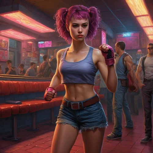 shadowrun,cyberpunk,zarya,cyberpunks,sci fiction illustration,muscle woman,game art,enza,leela,junipero,vi,girl with gun,meg,jinx,girl with a gun,game illustration,female runner,askani,workout icons,bebop,Illustration,Realistic Fantasy,Realistic Fantasy 27