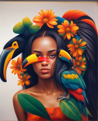 bird of paradise,birds of paradise,flower bird of paradise,flower and bird illustration,bird of paradise flower,afrotropical,digital painting,sunbirds,flora,tropical birds,tropical bird,african daisies,azilah,world digital painting,oil painting on canvas,girl in flowers,ibibio,tropical bloom,flower painting,oshun