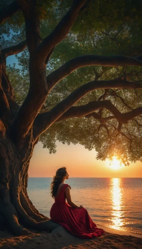 girl with tree,the girl next to the tree,chipko,idyll,red tree,flamenca,man in red dress,woman silhouette,girl on the dune,romantic scene,quietude,mermaid silhouette,tree of life,sogni,serene,flamenco,fantasy picture,moana,mediterranee,idyllic,Photography,General,Fantasy
