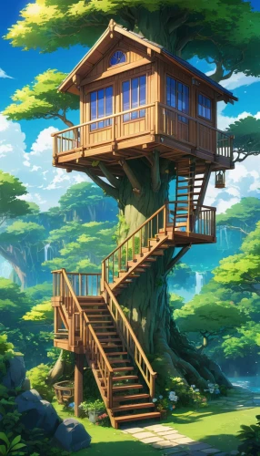 tree house,treehouse,tree house hotel,treehouses,forest house,wooden house,dreamhouse,house in the forest,teahouse,log home,summer cottage,house with lake,house in mountains,house in the mountains,sky apartment,home landscape,house by the water,lookout tower,studio ghibli,the cabin in the mountains,Illustration,Japanese style,Japanese Style 03