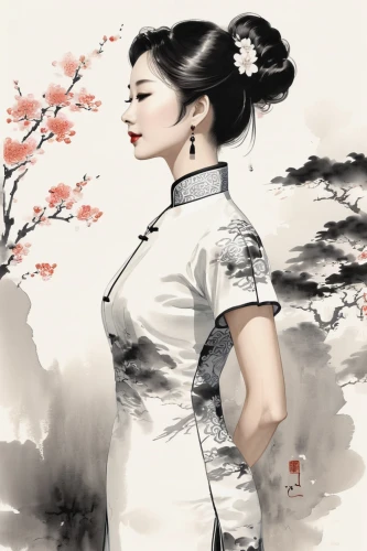 cheongsam,ao dai,geisha girl,hanfu,hanbok,qipao,oriental princess,japanese woman,oriental girl,xiaofei,chun,diaochan,white blossom,oriental painting,wulin,plum blossom,huayi,chuseok,geisha,vietnamese woman,Illustration,Paper based,Paper Based 30