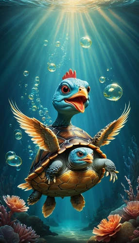 water turtle,tortuga,sea turtle,squirtle,marine animal,schwimmvogel,caretta,underwater background,peixoto,tortuguero,seaquarium,nekton,aquaticus,loggerhead turtle,peixe,semiaquatic,subaquatic,sea animal,gryfino,trachemys,Illustration,Abstract Fantasy,Abstract Fantasy 06