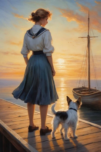 the sea maid,girl on the boat,girl with dog,donsky,sailing,maidservant,world digital painting,seafaring,avonlea,little girl in wind,ferryman,yachtswoman,fantasy picture,heatherley,sailor,pilgrim,seafarer,petticoat,pinafore,sailing ship,Conceptual Art,Daily,Daily 32