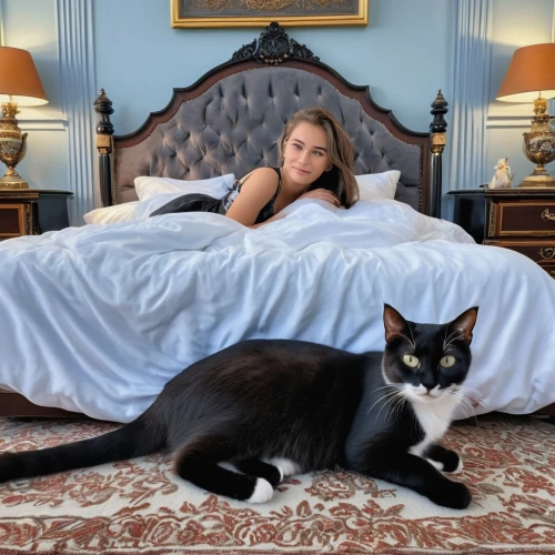 cat in bed,woman on bed,girl in bed,leibovitz,bedchamber,odalisque,labovitz,pussycat,pet black,bed,bedspread,catsimatidis,the cat and the,kat,bedspreads,katzenjammer,bedfellows,black cat,two cats,ritriver and the cat,Photography,General,Realistic